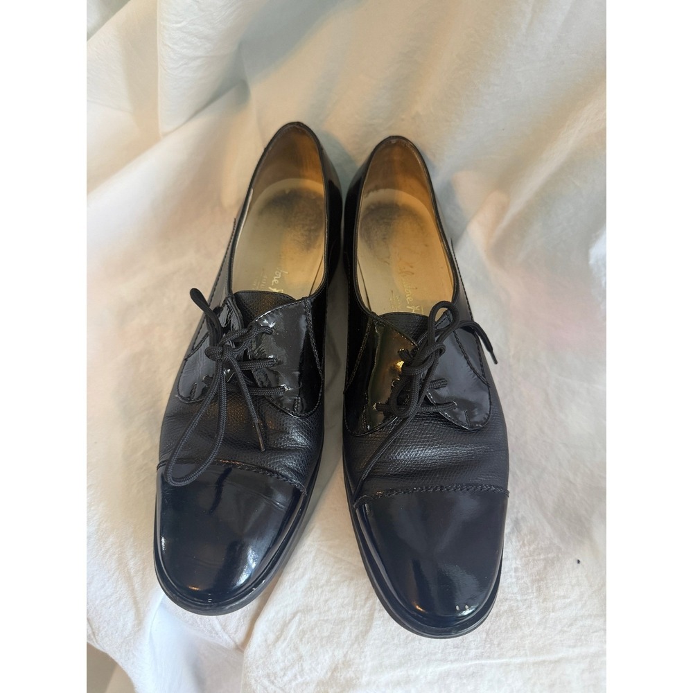 Salvatore Ferragamo Boutique Black Patent Pebbled Leather Oxfords Size 7.5 B - Picture 1 of 10